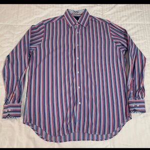 Tailorbyrd  Shirt Mens XL Button Up Red White Blue Stripe Long Sleeve EUC